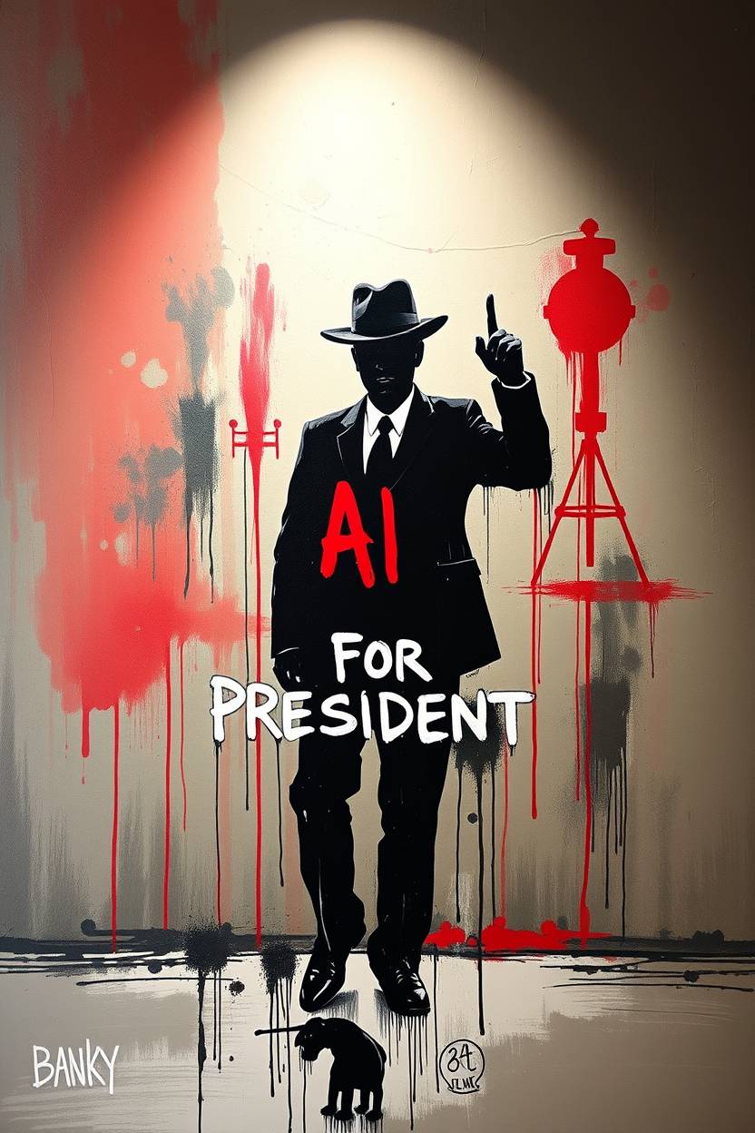 Tee design: fedora stencil silhouette with rat, AI for President